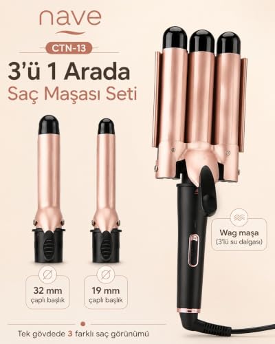 3'lü Saç Maşası Seti, Seramik Plaka, Otomatik Kapanma, 360° Dönen Kablo, Siyah