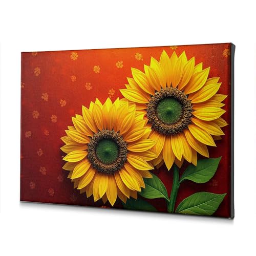 Tableau tournesols pour réveiller un salon triste fond rouge 30x40