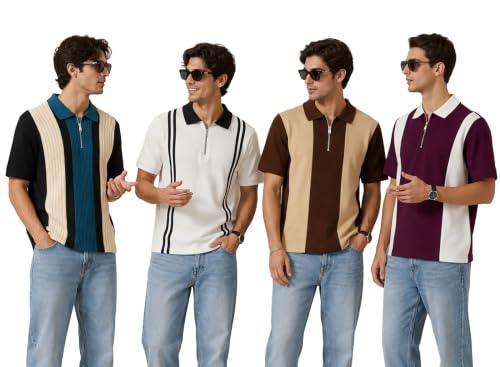 Image of AUSK Men's Textured Vertical Striped Knit Polo T-Shirt | Half Sleeve Zipper Neck Self-Design Casual Tee | Mens Tshirts