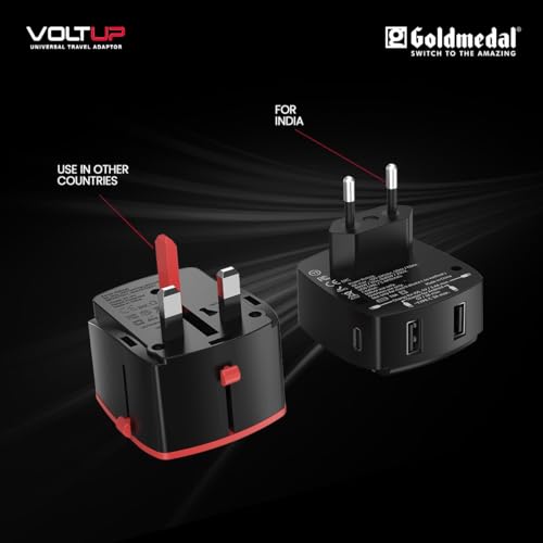 Image of Goldmedal Voltup Universal Travel Adapter with 2 Type-C & 2 Type-A USB Ports | PD Fast Charging Support | | Compatible with Multiple Plug Types | Perfect for International Travel | (Black)