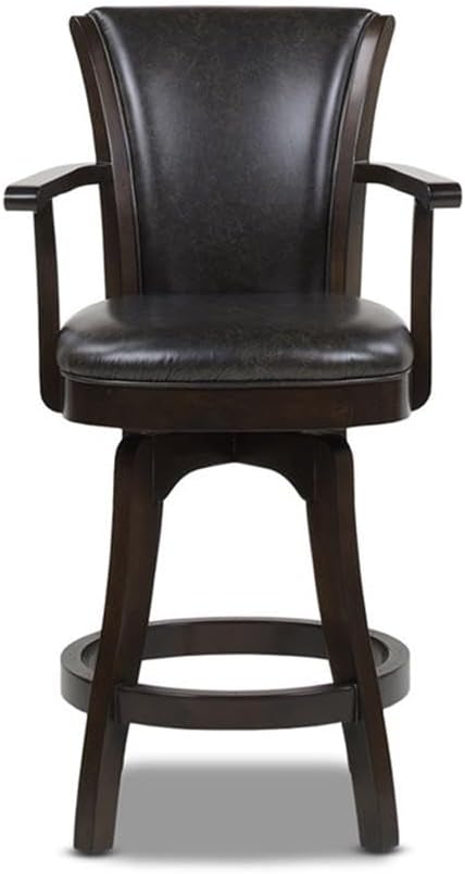 Pemberly Row Swivel Counter Height Bar Stool, 27-Inch Seat Height, Faux Leather Upholstery, Vintage Black Brown Finish, Solid Oak Frame with Brass-Plated Footrest, Kitchen or Pub Table Seating