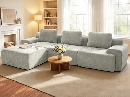 Image of 122 inch L Shaped Oversized Boneless Couch, Comfort Cloud Sectional Couches for Living Room, Modular Sofa High Back & Extra Deep Seat, No Assembly, Soft Chenille(Light Grey, 122 inch-L shaped(3+1))