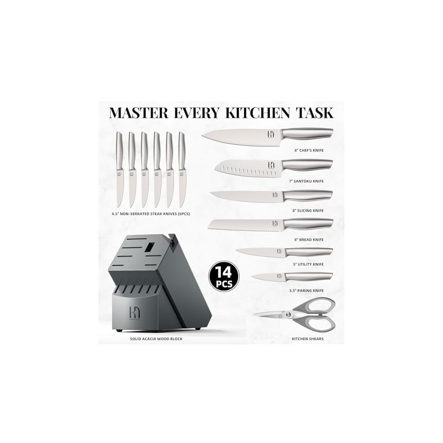 Knife Set, 14 Pcs Premium Japanese High Carbon Stainless Steel Kitchen Knife Set, Razor Sharp Knife Block Set with Built-in Sharpener, Quality Acacia Wood Block Knife Sets Ergonomic Handle