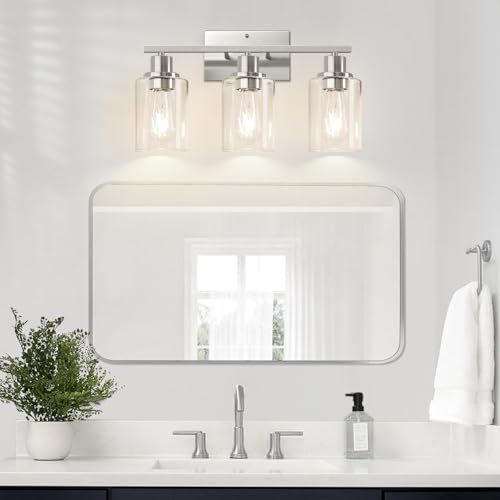 Image of Indoi 3-Light Bathroom Light Fixtures, Brushed Nickel Modern Vanity Lights with Clear Glass Shades, Bathroom Wall Lamp for Mirror Living Room Cabinet Bedroom Porch