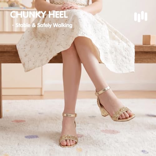 Image of Hehainom Girls Dress Shoes Heels Sandals Little Big Kids Square-Toe Ankle Strap Wedding Party Flower Girls Shoes