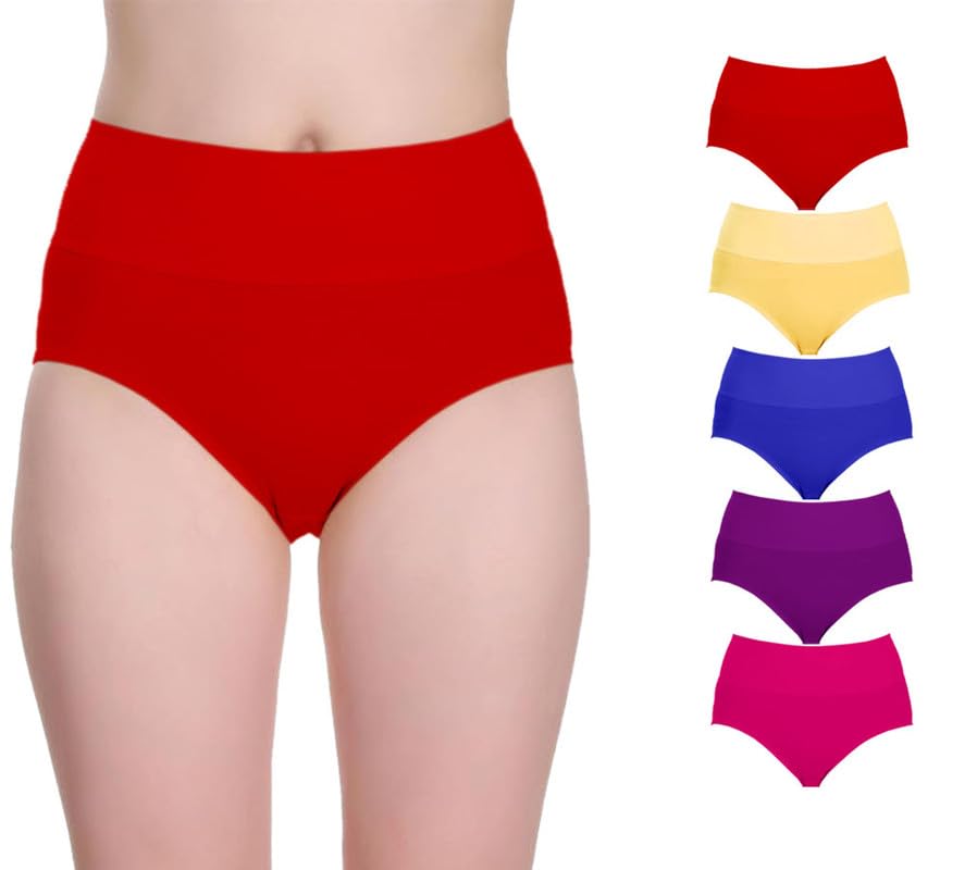 Women's High Waisted Cotton Underwear Soft Breathable Panties Full Coverage Briefs Tummy Controller Ladies Panties - Pack of 5-image-7