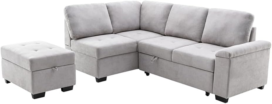 86 Sleeper Sectional Sofa, L-Shape Corner Couch Sofa-Bed with Storage Ottoman & Hidden Arm Storage