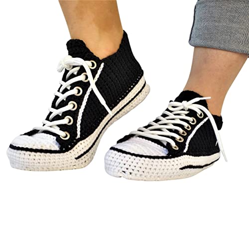 Black Canvas Low-Top Platform Crochet Sneakers - Handcrafted Unisex Slippers for a Cozy Winter