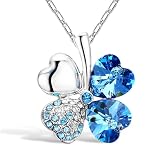 Merdia Four Leaf Clover Heart-Shaped Crystal Pendant Necklace 16' + 5' Extender(Sky-Blue)