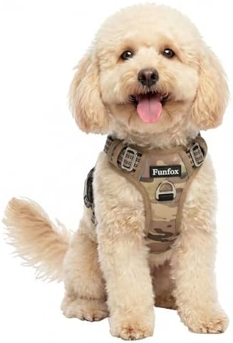 Funfox Anti Zug Hundegeschirr Kleine Hunde mit Frontclip, Tarnbraun | Vertikaler Griff, Verstellbar, 2 D-Ringe, Gepolstert, Nachts Reflektierend, für Kleine Mittlere Grosse Hunde,