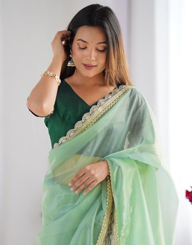 Image of SIRIL Women's Shimmer Net Lace Border Dual Tone Saree with Unstitched Blouse Piece