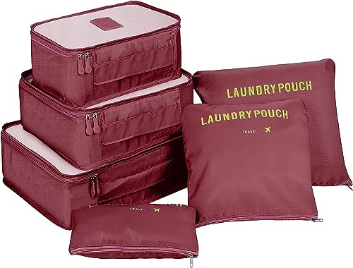 Image of 6 in 1 Polyester Secret Pouch Travel Bag Packing Cubes Laundry Bag with Undergarments & Cloth Storage Organizer Travelling Set /Suitcase Bag (WINE RED)