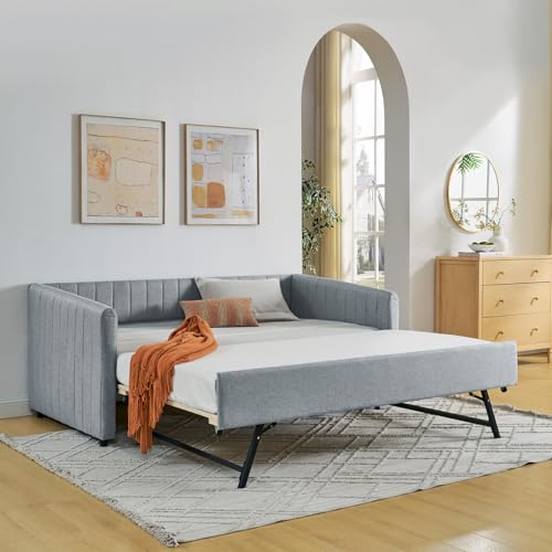 Antetek Daybed with Pop up Trundle,Modern Linen Fabric Upholstered Day Bed Frame w/Twin Roll-Out Trundle,Furniture for Bedroom,Living Room,Guest Room,No Box Spring Needed,Upgrade Grey,Twin