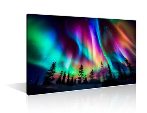 TISHIRON Large Size Northern Lights Canvas Wall Art for Living Room 1 Panels Forests Starry Landscape Pictures Modern Painting for Bedroom Office Home Wall Decorations Frame Wall Decor (24" Wx36 H)