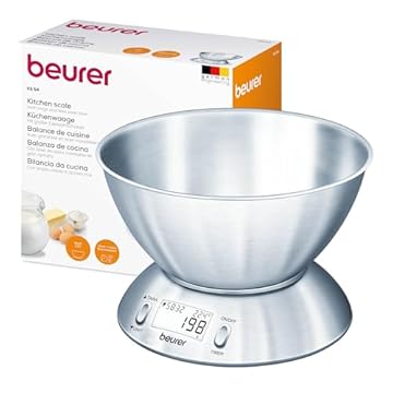 Beurer KS 54 Bilancia da Cucina, con Ciotola in Acciaio Inox Spazzolato Lavabile in Lavastoviglie, Timer Impostabile, Termometro ambientale integrato, Funzione Tara