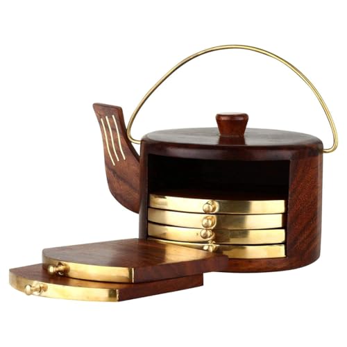Image of Oaklyn Handcrafted Rosewood Kettle Design Coaster Set (Set of 6) with Stand | Stylish Tea & Coffee Coasters for Dining & Living Room Table