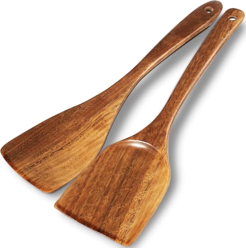 Natural Teak Wooden Spatula Set, 2PCS Non-Stick Safe Cooking Utensils for Wok, Pan, Flipping & Stirring, Includes Wooden Spoons & Spurtle