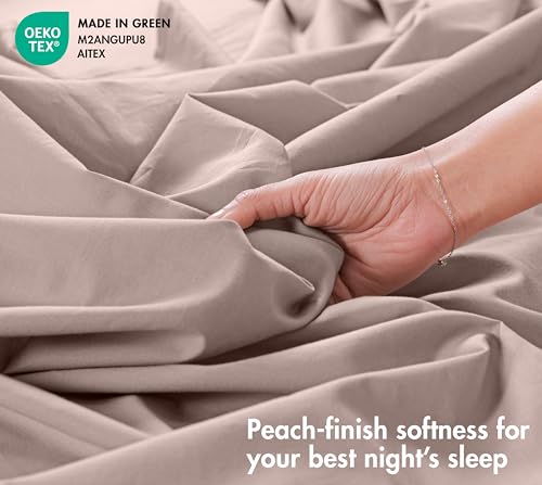 Image of RUVANTI 100% Cotton Percale Sheets Full - Crisp Cooling Summer Bed Sheets for Hot Sleepers, Deep Pocket 14 inch, Soft Peach Finish, Breathable & Durable Hotel-Style 4 Piece Set, Soft Mocha