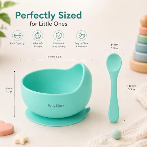 Image of TONY STARK Silicone Unbreakable Baby Bowl & Handle Spoon - Suction Design, Non-Slip, BPA Free, Dishwasher & Microwave Safe (Cyan, 2 Piece Set)