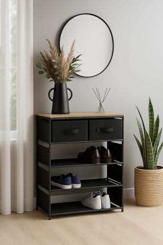 Image of MEHRU Black 3-Tier Shoe Storage Cabinet with 2 Drawers Modern Slim shoe Cabinet Shoe Storage Organizer shoe Rack Organiser Shelf Modern shoe Stand with Shelf for Home/Entryway/Closet. (W60xD26xH72cm)