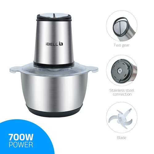 Image of IBELL MT200SPRO Electric Chopper with 2-Yr Warranty, 700W Powerful Motor, 2L SS Bowl, Multipurpose Food Processor for Meat, Vegetables, Fruits & Nuts, with Garlic Peeler & Egg Whisker (Silver).