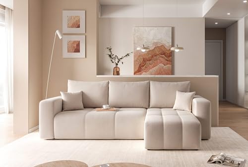 GREKPOL Sofa mit Schlaffunktion 145x248 - Creme Ecksofa mit Schlaffunktion und Bettkasten - Sofa 3 Sitzer - Schlafsofa - Couch - Schlafsofa mit Bettkasten – Bild 3