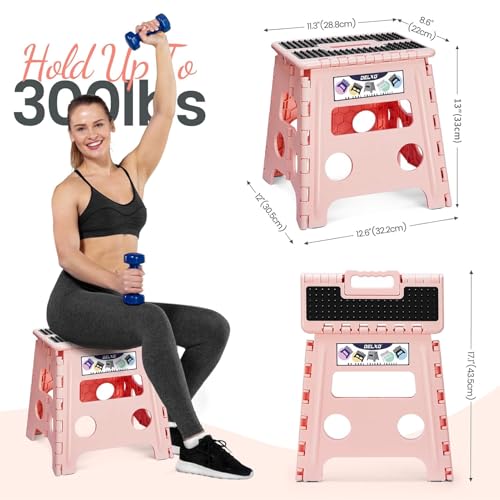 Image of Delxo Folding Step Stool, 13 inch Non-Slip Foldable Stools Up to 300 LBS, Step Stool with Handle, Lightweight for Kitchen, Bathroom, Bedroom, Garden Stepping Stool with Dotted, Pink,1 PC