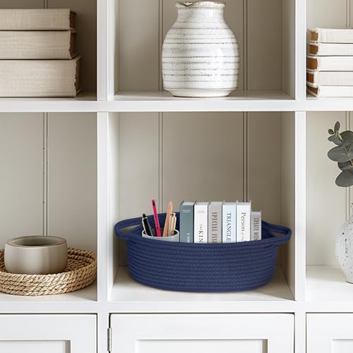 Image of Small Baskets for Gifts Empty, 13 inchx 9 inchx 5 inch Woven Gift Basket with Bag and Ribbon, Cotton Rope Kids Dog Cat Toy Bin Box, Cute Baby Nursery Organizer, Decorative Storage with Handles,Dark Blue