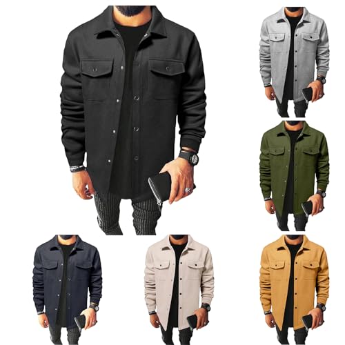 Mens Shirt Jacket with Flap Pocket Woolen Blend Lapel Collar Shirt Shacket Snap Button Casual Long Sleeve Thick Coat2