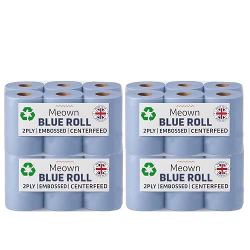 Meown Blue Centrefeed Roll 2-Ply – Heavy Duty Embossed Cleaning Towels | Perforated, Absorbent Blue Paper & Industrial Tissue Roll for Kitchen, Garage, Home, Commercial Use – Pack of 4 (24 Rolls)