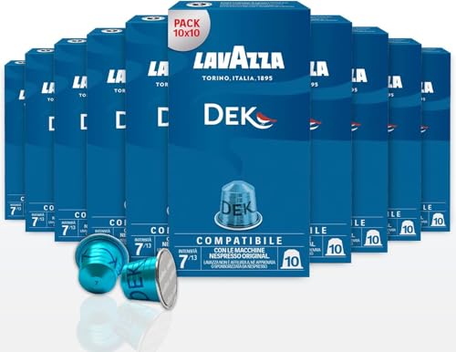 Lavazza, Dek, 100 Capsules Café en Aluminium Compatibles avec les Machines Nespresso Original, Café Décaféiné, Notes de Fruits Secs, Arabica et Robusta,...
