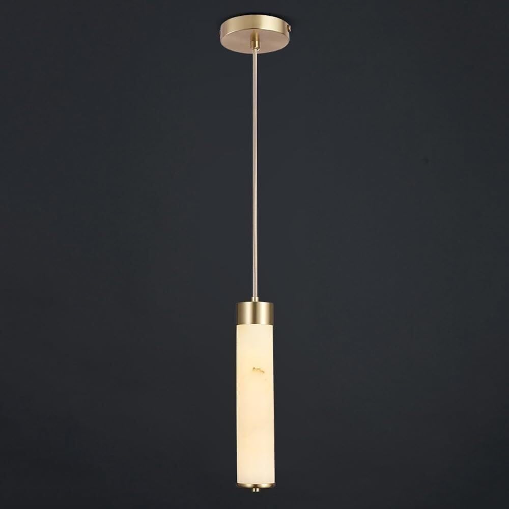 Natural Alabaster Cylinder Lighting, Brass Tube Linear Chandelier White Long Hanging Lamp for Kitchen Island Bedroom Bedside(2 Lights)/1 Light