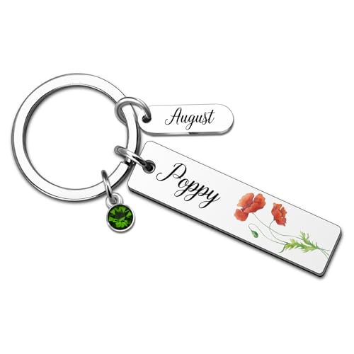 VIESUJI August Birthday Gifts for Women Christmas GiftsPoppy Flower Keychains 12 Months Floral Key Rings Dainty August Birth Flower Birthstone Keychain for Mom Grandma Daughter Friends Coworkers