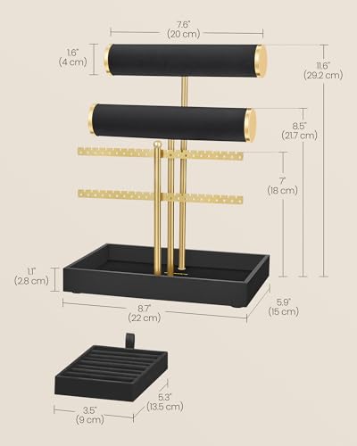 Image of SONGMICS Bracelet Holder Stand, Jewelry Display Stand, Jewelry Organizer, with 2 Tiers and Velvet Tray, Earring Organizer, Removable Ring Holder, Ink Black and Pale Gold UJJS046B101
