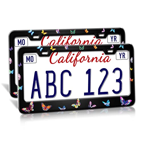 2 Pack Butterfly License Plate Frames Black License Plates Covers Aluminum Stainless Metal License Plate Holder Auto Car Accessories Tag Decorations For Women With 2 Holes Screws Standard Size #TOP4