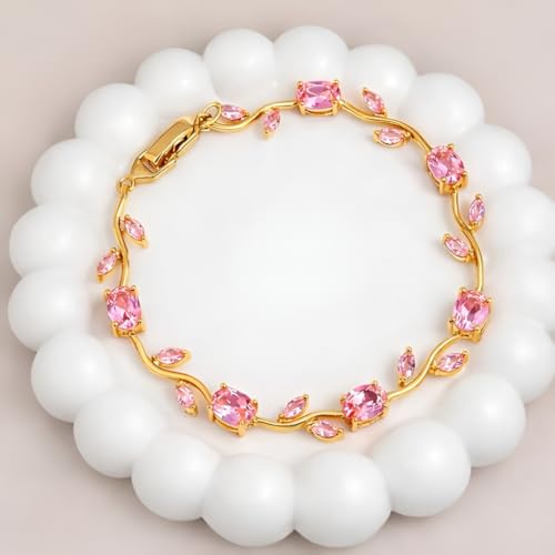 Image of Inites Fairy Bloom Floral Tulip Bracelet With Pink Crystal Stones For Girls & Women | Elegant Anti Tarnish Golden Chain Link Floral Branches Bracelet Lightweight Jewelry For Daily Wear & Gifts