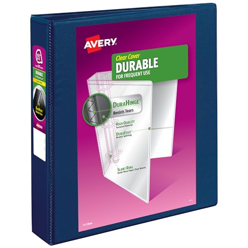 Avery Durable View 3 Ring Binders, 1.5 Inch Slant Rings, 375-Sheet Capacity, DuraHinge, 2.1 Inch Wide Spine, Customizable Clear Covers and Spine, 1 Blue Binder (17024)