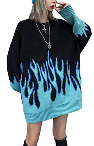 Women Oversized Loose Sweater Flame Couple Knitted Crew Neck Long Sleeve Winter Pullover Jumpers Tops (Blue)