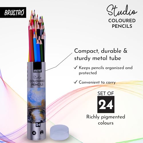 Image of BRUSTRO Studio Colour Pencil Set 24 in a Metal Tube | Break Resistant 3mm Lead,Easy to Blend,High Pigmented,Vibrant Colours,Non-Toxic,Pre-Sharpened | Sketching, Drawing, Portrait,students,kids