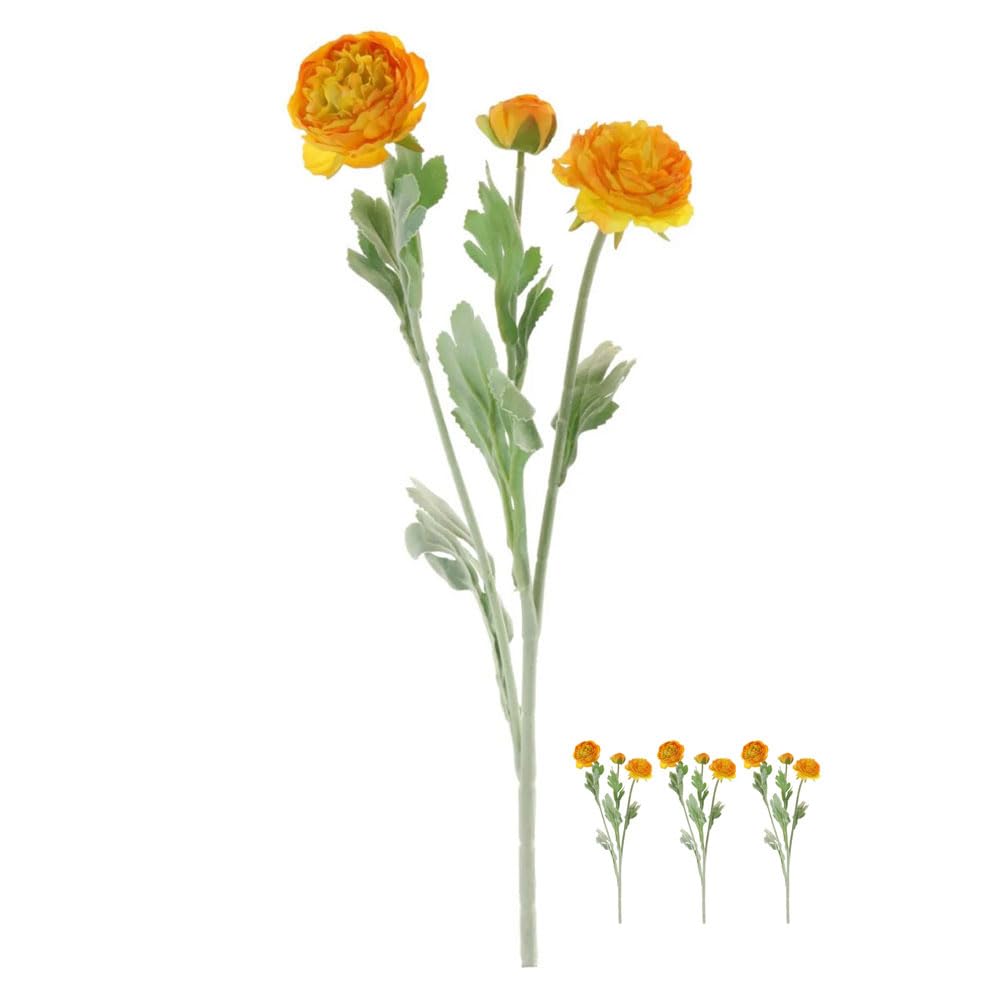 FloristryWarehouse Faux Silk Ranunculus Flower And Leaf Sprays 50cm/20 Inch Pack Of 3 Orange