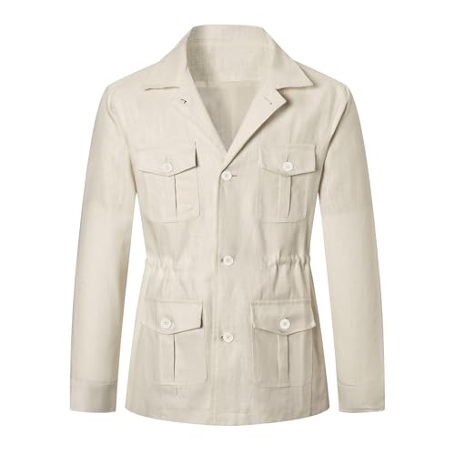 Betusline Men's Safari Linen Jacket Casual Long Sleeve Military Lightweight Cargo Jacket with Pockets, Beige, L