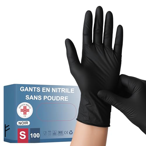 S&S Médical 100 Gants NITRILE jetables résistants sans poussière Dispositif médical hypoallergéniques sans latex | Médecins Chef Esthéticiens Tatoueurs Usage alimentaire | Différentes tailles (S-Noir)