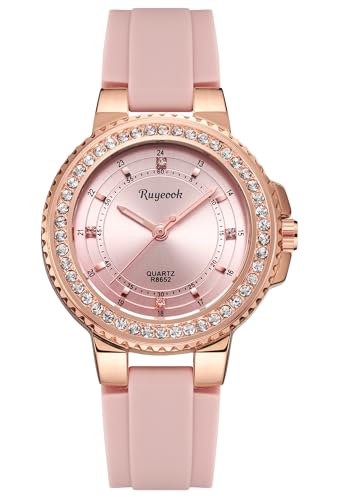 RUYEOOK Womens Watch,Crystal Bezel,Quartz Watch for Ladies Female Bling Rhinestone Variety Colors Waterproof Analog Wrist Watches (R8652 Pink)
