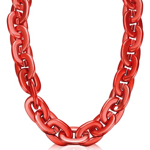 Remuuly Plastic Chain Necklace Chunky Big Fake Necklace Hip Hop Rapper Giant Turnover Chain Costume for Halloween(31 Inches Red)