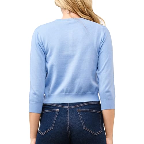 Image of Women's Cropped Cardigan 3 /4 Sleeve Crewneck Button Up Sweater Knit Top (S~XL)