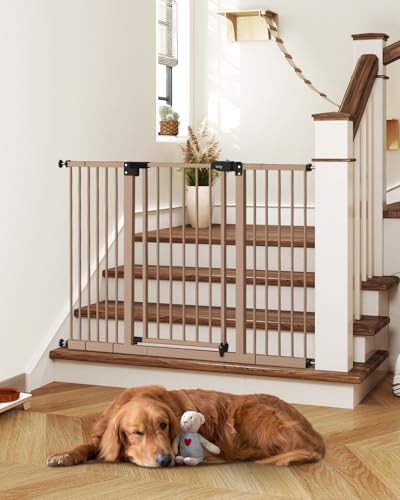 Image of keny 29 inch-47.3 inch Extra Wide Baby Gate for Stairs, Auto Close Safety Dog Gate | Pressure Mounted No Drilling Pet Gate for Doorways, Easy Walk Through Stair Gate for Kids Todder, 30 inch Tall, Brown