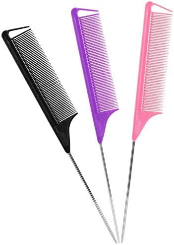Rat Tail Combs Parting Comb: 3Pcs Rat Tail Comb Set, Long Steel Pin Rat Tail Teasing Comb, Hair Combs for Salon Hair Stylist, Tail Combs Metal,Parting Combs for Women(Purple|Black|Pink)