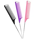 Rat Tail Combs Set: 3Pcs Long Steel Pin Teasing Combs for Salon Hair Stylists, Metal Parting Combs for Women (Purple, Black, Pink)