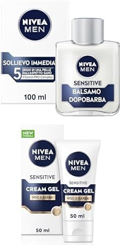 NIVEA MEN Sensitive Cofanetto Uomo, Kit barba uomo con Balsamo Dopobarba 100 ml lenitivo e Crema Viso e Barba Cream Gel 50 ml idratante per il post-rasatura delle pelli sensibili e arrossate