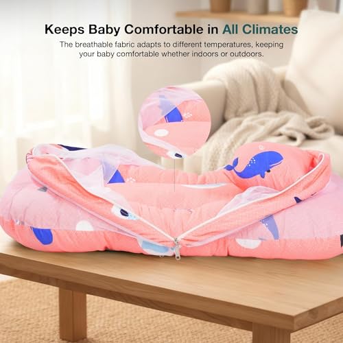 Image of BAYBEE 3 in 1 Baby Bedding Set with Mosquito Net, Foldable Infant Mattress, Portable Travel Nest, Cotton Lounger, Carry Bed with Pillow, Gift for Baby Boy Girl (Pink)